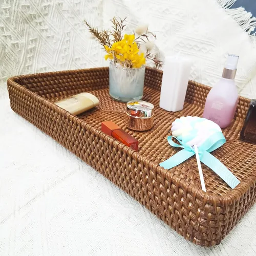 Miniatura 5 de i-lan Mesa de café rectangular de ratán otomano de 17 pulgadas sin asas, bandeja rectangular de mimbre natural con pared de 2.4 pulgadas