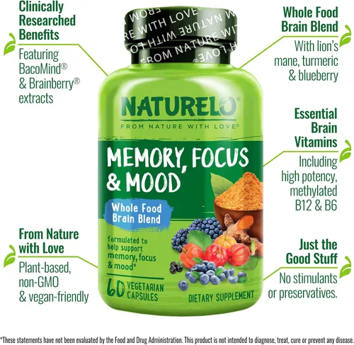 Miniatura 2 de NATURELO Suplemento integral para el cerebro – Suplementos de salud cerebral para apoyo de la memoria y la concentración – Suplemento de mezcla