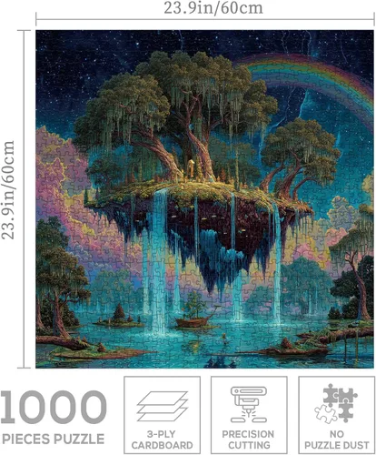 Miniatura 3 de Rompecabezas de isla flotante de bosque de fantasía de 1000 piezas para adultos, rompecabezas mágico de cascada de arco iris, rompecabezas de arte