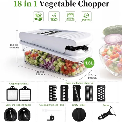 Miniatura 2 de Picadora de verduras 18 en 1 con mandolina para cocina, picadora de alimentos con contenedor, cortador de verduras, picadora de cebolla y tomate