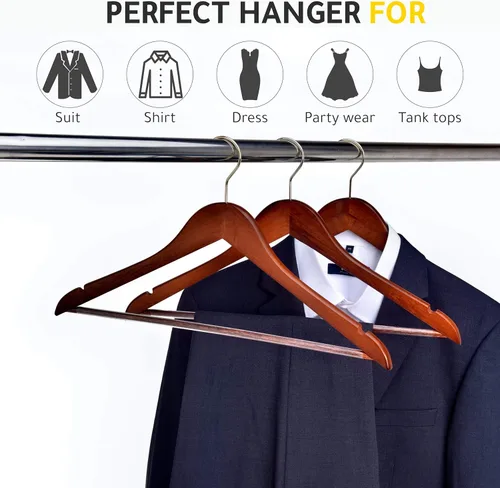 Miniatura 5 de Perchas de madera de calidad – Juego de 20 perchas ligeramente curvadas – Perchas de madera maciza con elegantes ganchos cromados – Ropa resistente