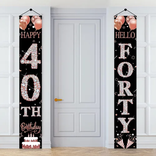 Aodocuto Cartel decorativo para puerta de cumpleaños número 40 para mujer, color oro rosa con texto en inglés "Hello Forty", suministros de fiesta,