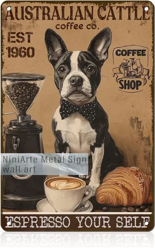 Cartel de metal con diseño de perro de ganado australiano, café y café, arte de pared vintage para decoración del hogar, cocina, cafetería, bar, 8 x