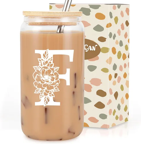 Taza de Vidrio Inicial Coolife, Regalos Personalizados para Mujeres, Tazas de Vidrio de 16 oz con Tapas y Popotes, Vaso para Café Helado, Licuado y