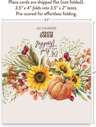 Miniatura 5 de Koko Paper Co Tarjetas de lugar de Acción de Gracias con calabaza y girasoles (50 unidades) 50 tarjetas de nombre estilo tienda de campaña