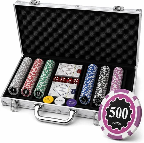 Miniatura 2 de Fichas de póquer con denominaciones, juego de 300 piezas de 11.5g con números, fichas de casino pesadas, 5 dados, 2 barajas con estuche compacto