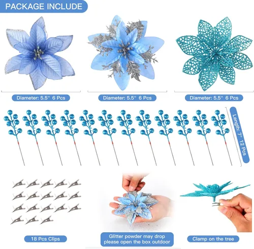 Miniatura 2 de Floweroyal 30 piezas Flores de Pascua Artificiales de Navidad Decoraciones con Clips y Tallos de Bayas Adornos con Purpurina para Árbol de Navidad