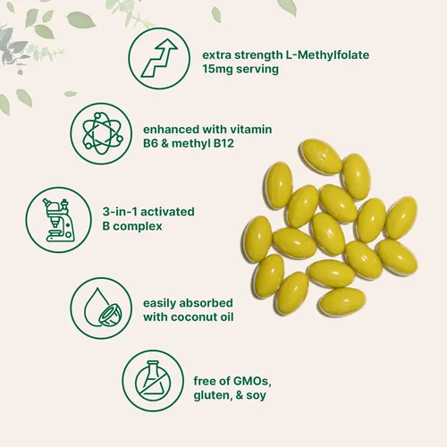 Miniatura 3 de Micro Ingredients L Metilfolato 15 mg, 240 cápsulas blandas Activo 5-MTHF con B6 y metilo B12 Vitamina B9 metilada con aceite de coco