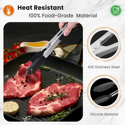 Miniatura 3 de Pinzas de comida de 2 piezas para cocinar, pinzas de cocina de acero inoxidable de 9 y 12 pulgadas con puntas de silicona y soporte integrado