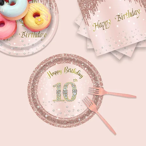 Miniatura 4 de Juego de 24 platos y servilletas, tenedores, suministros de fiesta de cumpleaños para niñas de 10 años de edad, desechables, color oro rosa, 24