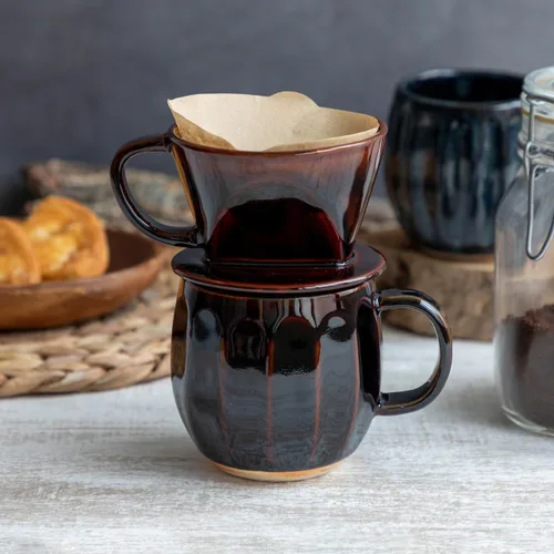 Miniatura 7 de Asayu Japan Juego de cafetera de cerámica para verter café en marrón chocolate, soporte de filtro de papel de preparación lenta y gotero con 3
