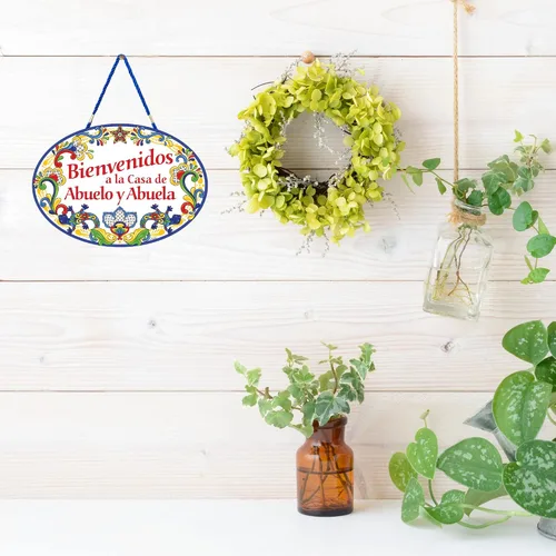 Miniatura 3 de Bienvenidos a La Casa de Abuelo & Abuela" - Letrero de cerámica para puerta de entrada de 11 x 8 pulgadas con ilustraciones tradicionales, Amarillo