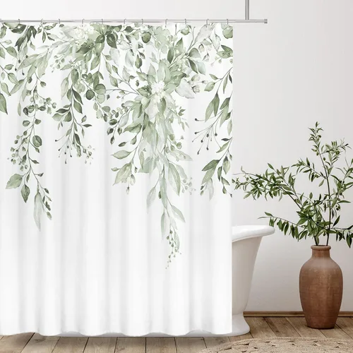 Miniatura 63 de Tititex Spun Sugar - Juego de cortinas de ducha de eucalipto azul claro, hojas de acuarela brillantes en la parte superior, decoración floral