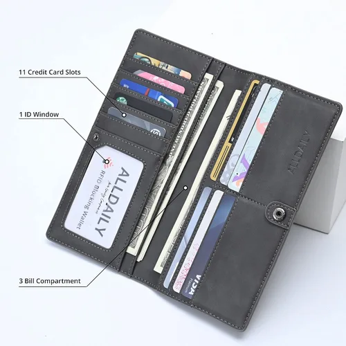 Miniatura 3 de Alldaily Billetera de cuero ultrafina para mujer con bloqueo RFID tarjetero de crédito plegable larga gris