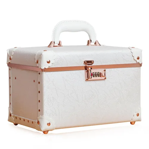 Miniatura 13 de urecity Estuche de maquillaje vintage de piel artificial, organizador profesional de cosméticos con cerradura de combinación de metal, caja