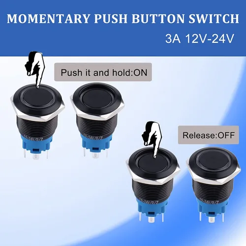 Miniatura 3 de Interruptor de botón con cierre de 0.630 in, anillo 3A, LED, 12V-24V, interruptor de botón de metal negro, carcasa de aluminio autobloqueante