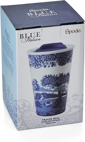 Miniatura 9 de Spode Taza de viaje de porcelana italiana azul de 8 onzas con tapa – Vaso con estampado escénico con borde decorativo – Taza de café de cerámica