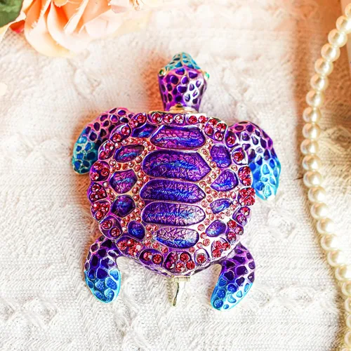 Miniatura 5 de YU FENG Caja de joyería de figura de tortuga marina con bisagras coleccionables de cristal con bisutería decorativa de tortuga de animales (morado)