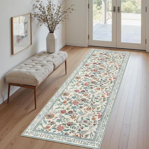 Rugalia Alfombra de pasillo floral azul, alfombra lavable de 2 x 6 pies para pasillos, antideslizante, suave, de pelo bajo, con flores, pájaros, Rosa