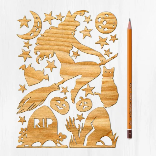 Miniatura 9 de Ajoure Fine Lasercut Embelishments # Lindas calabazas y árboles espeluznantes Halloween Vintage chapa madera contrachapada silueta para manualidades