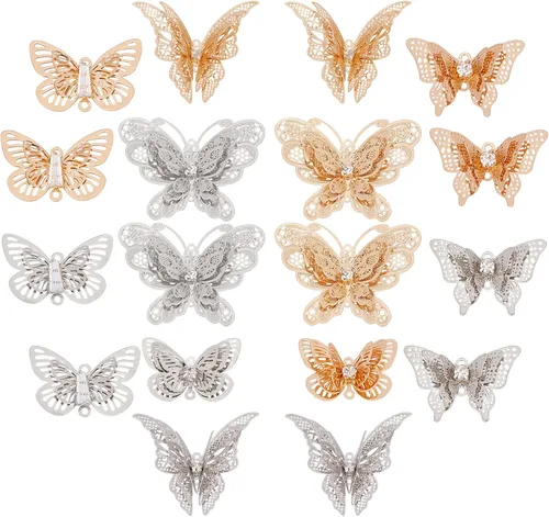 Miniatura 11 de SUNNYCLUE 1 caja de 10 dijes de filigrana de mariposa de 1.339 x 1.024 in, 3 capas de diamantes de imitación de filigrana hueca para manualidades