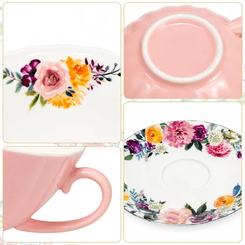Miniatura 3 de Lyellfe Juego de 2 tazas de té y platillos, tazas de té florales de 8 onzas con cuchara, tazas de café británicas de porcelana para fiestas