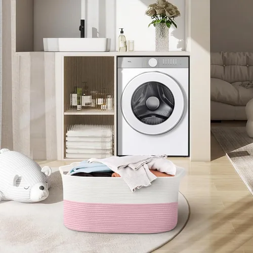 Miniatura 6 de MEGASKET Cesta de almacenamiento grande de color rosa, 22 x 17 x 12 pulgadas, contenedor rectangular de cuerda de algodón para organizar, Blanco