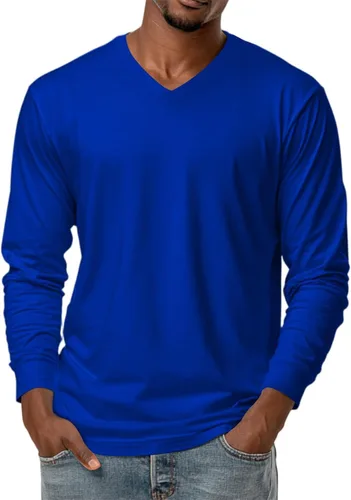 Miniatura 12 de Camiseta para hombre, manga larga, cuello en V, color liso, informal, básica, suave, elástica, M-3XL