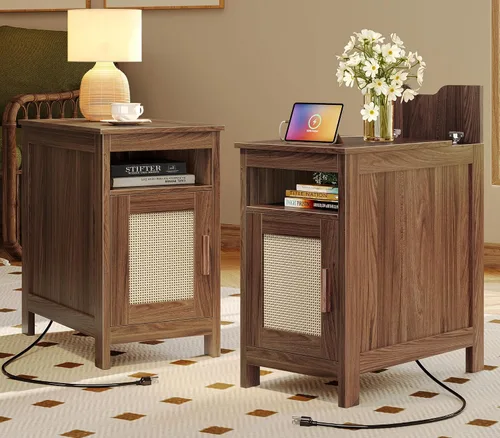 Miniatura 9 de Huuger Mesita de noche estrecha, mesa auxiliar con estación de carga, puerto USB-C, mesa auxiliar de ratán con gabinete y estante abierto, ratán