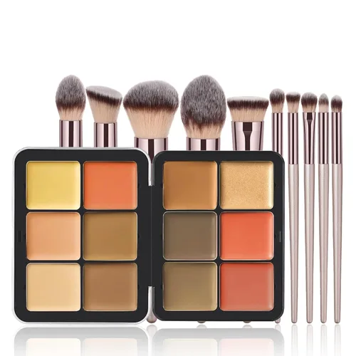 Kit de maquillaje, paleta de corrector de sombra de ojos vegana de 12 colores con 10 pinceles de maquillaje profesionales de oro champán, libre de