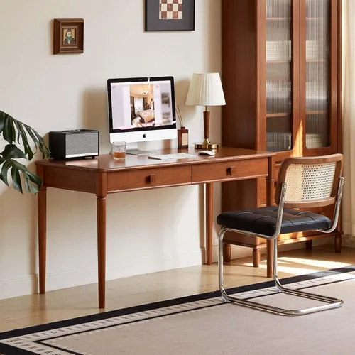 YESWOOD Escritorio de madera maciza con cajones, escritorio de oficina moderno de mediados de siglo, escritorio de computadora con 2 cajones para