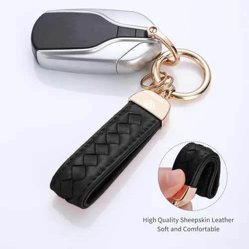 Miniatura 4 de Hamdecro Llavero de cuero genuino para automóvil, llaves de oveja tejidas a mano para mujeres, soporte universal para llavero con rotación de 360