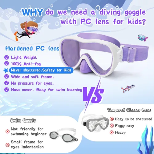 Miniatura 4 de Máscara de snorkel para niños, máscara de buceo de 180° con cubierta para la nariz, gafas de natación antiniebla para niños con correa de tela