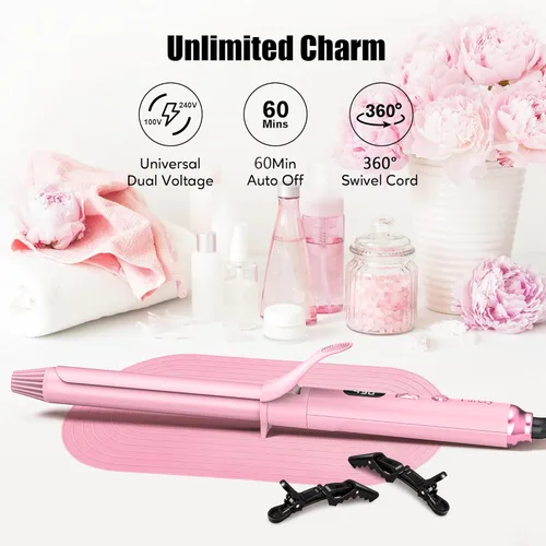 Miniatura 6 de FARERY Rizador de barril largo de 1 pulgada, rizador extra largo para cabello fino, infundido con aceite de argán y queratina, 11 temperaturas Rosa