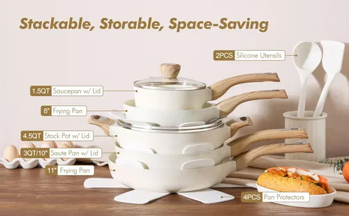 Miniatura 6 de SENSARTE Juego de utensilios de cocina de cerámica, juego de ollas y sartenes antiadherentes, utensilios de cocina de inducción de 14 piezas,