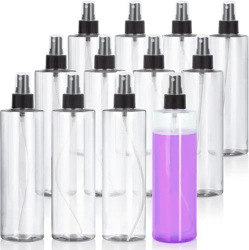 Miniatura 7 de JUVITUS Botellas de plástico PET cilíndricas profesionales transparentes de 12 onzas (sin BPA) (paquete de 6, pulverizador negro de niebla fina)