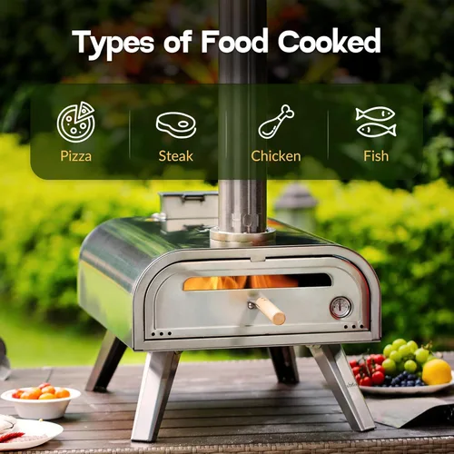 Miniatura 9 de BIG HORN OUTDOORS 16" Horno de piedra para pizza con leña, cocinador de pizza al aire libre de acero inoxidable 1112°F, portátil