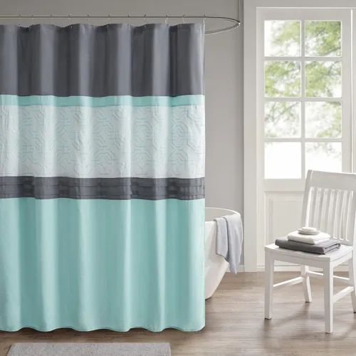Miniatura 9 de 510 DESIGN Cortina de ducha, diseño bordado geométrico texturizado con forro integrado, decoración moderna de baño de mediados de siglo, lavable a