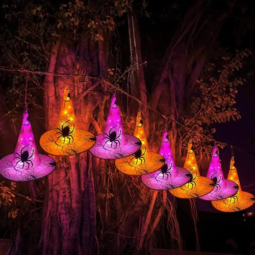 Miniatura 7 de WATERGLIDE Decoraciones de Halloween, 8 sombreros de bruja colgantes iluminados, con 8 modos de iluminación, cadena de luces de Halloween de 16