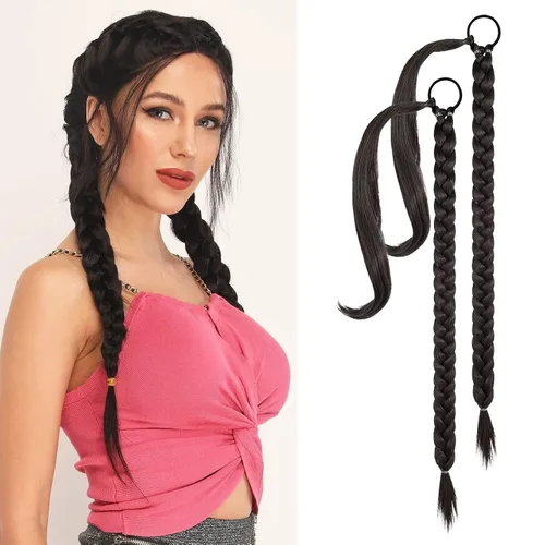Miniatura 22 de YOGFIT 2 piezas Extensión de cola de caballo trenzada DIY, extensión de cola de caballo larga y lacia con envoltura natural, cabello sintético suave