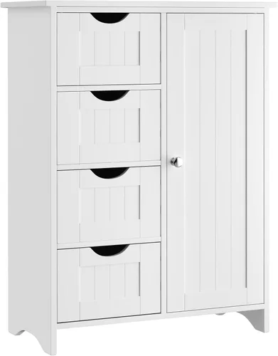 Miniatura 9 de JUMMICO Armario de suelo de baño, organizador de almacenamiento independiente de madera con 1 puerta y 3 cajones, armario de almacenamiento de baño