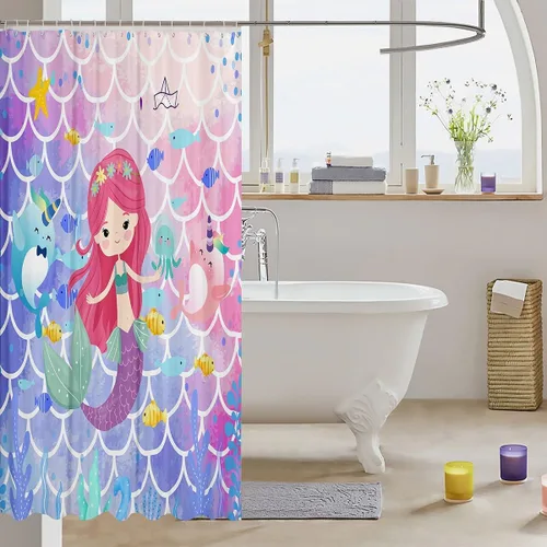 Miniatura 3 de Cortina de ducha de sirena, decoración de baño con escala de acuarela, habitación para niños y niñas, mujeres, caricaturas, delfín, pulpo