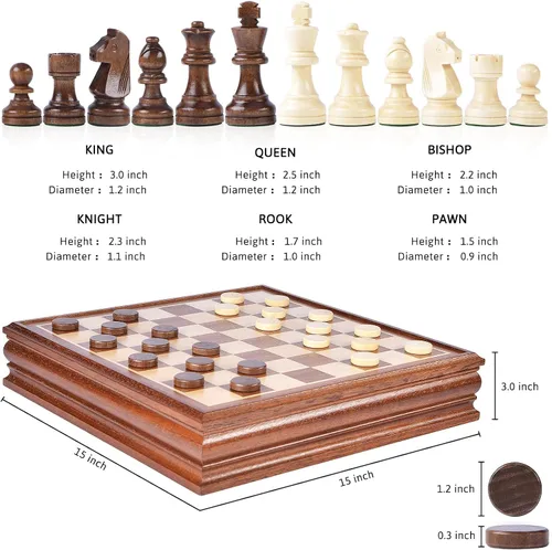 Miniatura 3 de VAMSLOVE Juegos de mesa de ajedrez y damas para adultos, tablero de madera de lujo de 15 pulgadas con caja de almacenamiento, tamaño grande clásico
