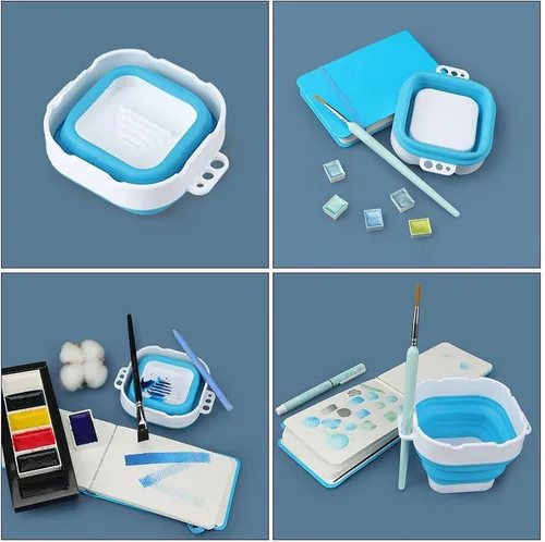 Miniatura 7 de 1 cubo limpiador de pinceles de silicona, taza de acuarela plegable portátil para artistas, principiantes y pintores decorativos (azul)