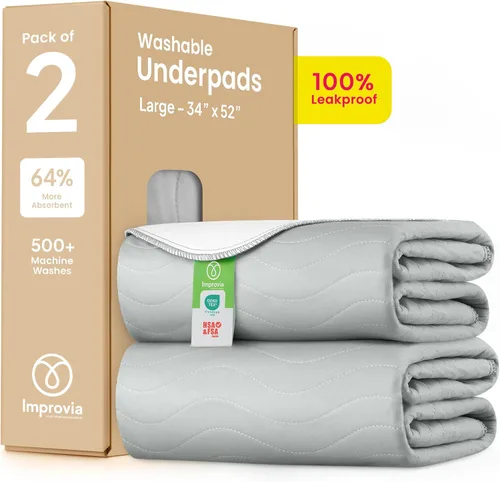 IMPROVIA® Almohadillas lavables de 34 x 52 pulgadas, paquete de 2 almohadillas reutilizables de gran absorción para incontinencia para adultos, Gris