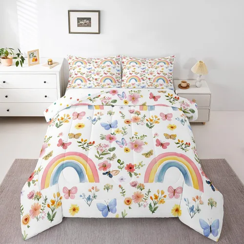 Miniatura 16 de Juego de Edredón de Princesa de Ballet para Niñas Tamaño Individual, Juego de Ropa de Cama de Castillo Arcoíris Kawaii Flores Lindas Mariquita Multi