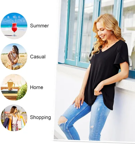 Miniatura 5 de CATHY - Camisetas informales de verano 2022 para mujer camisetas de manga corta con cuello en V y pétalos blusa holgada y cómoda ligera y bonita