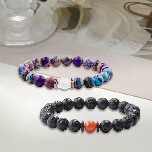 Miniatura 42 de 2 pulseras magnéticas para parejas, piedra natural negra mate, cristal para votos de amor eterno, juego de pulseras de cuentas de piedra de energía