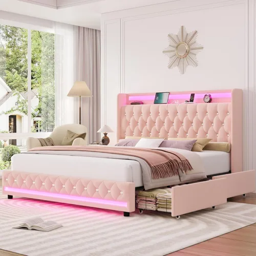 Miniatura 14 de HIFIT Marco de cama tapizada tamaño individual LED con cabecera de estación de carga y 4 cajones de almacenamiento, marcos de cama de plataforma
