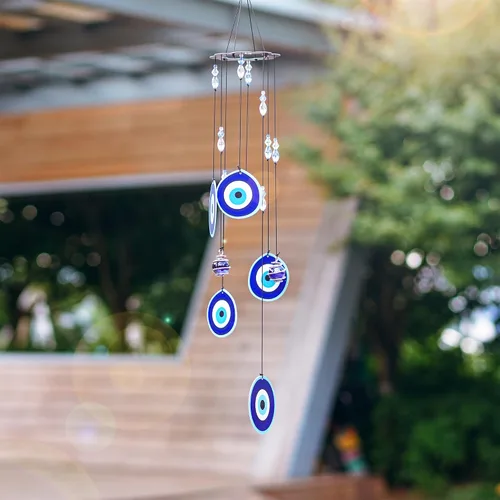 Miniatura 7 de YU FENG Carillón de viento con ojo maligno azul para exteriores, adorno colgante de 19" de metal, campanillas de viento para jardín al aire libre